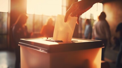 hand putting letter in ballot box with blur people  background  - obrazy, fototapety, plakaty