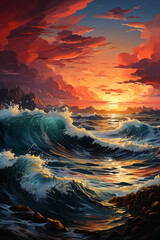 A painting of a sunset over the ocean. AI generative