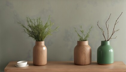 Esthetic Wooden Vases and One Ceramic Vase with Green Branches on a Wooden Table