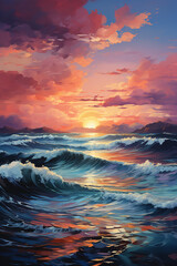 Obraz premium A painting of a sunset over the ocean. AI generative