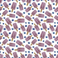Seamless pattern with watercolor fruit popsicles and berries isolated on background. Hand drawn watercolor illustration.
