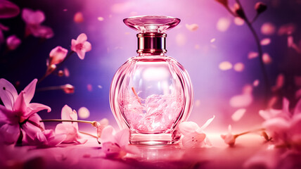 Flacon de parfum - Présentation publicitaire d'un parfum dans les tons de rose - Générative IA