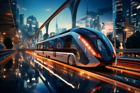 High-speed train in the city at night