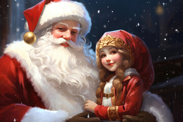 Fototapeta na wymiar Illustration of smiling Snow Maiden and funny Santa Claus