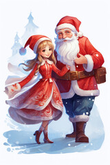 Illustration of smiling Snow Maiden and funny Santa Claus