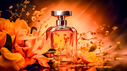 Flacon de parfum - Présentation publicitaire d'un parfum dans les tons de orange - Générative IA - obrazy, fototapety, plakaty