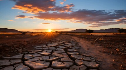 Desert landscape with cracks while sunset