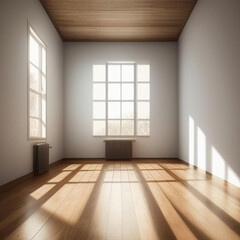 Room interior illuminated by natural daylight shining through windows.  Generative AI