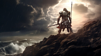 An ancient warrior in weathered armor, holding a sword that crackles with lightning, standing atop a cliff overlooking a stormy sea, lightning flashes illuminate the scene, waves crashing against the 