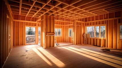 interior view of the wooden building under construction 