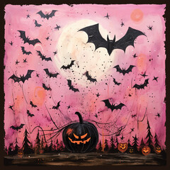 Pink sunset with Halloween pumpkin. Spooky black flying bats. Evil horror atmosphere. Mix media modern square design print