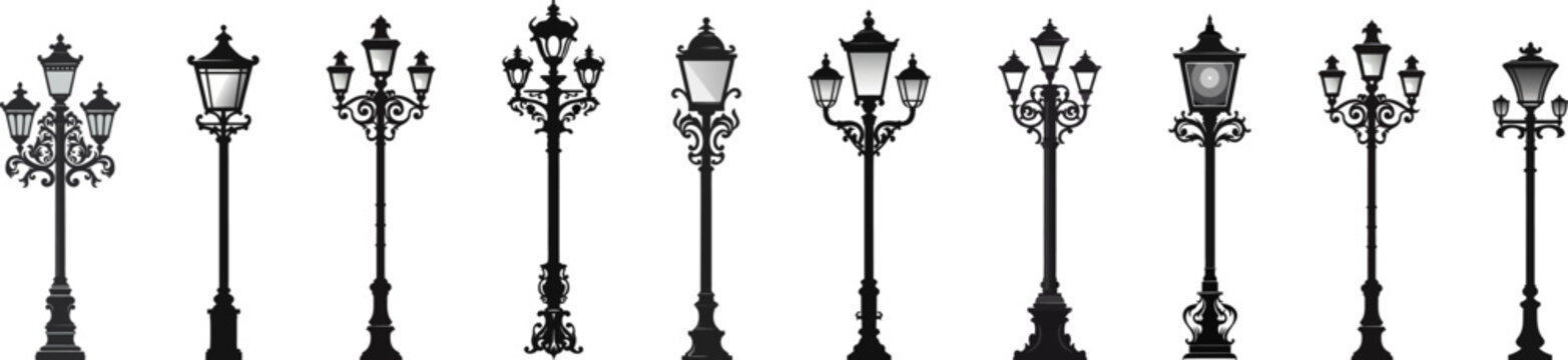 Old street lamps set in monochrome style.  illustrations isolate. Urban lantern streetlight classic.