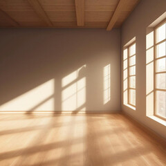 Room interior illuminated by natural daylight shining through windows.  Generative AI