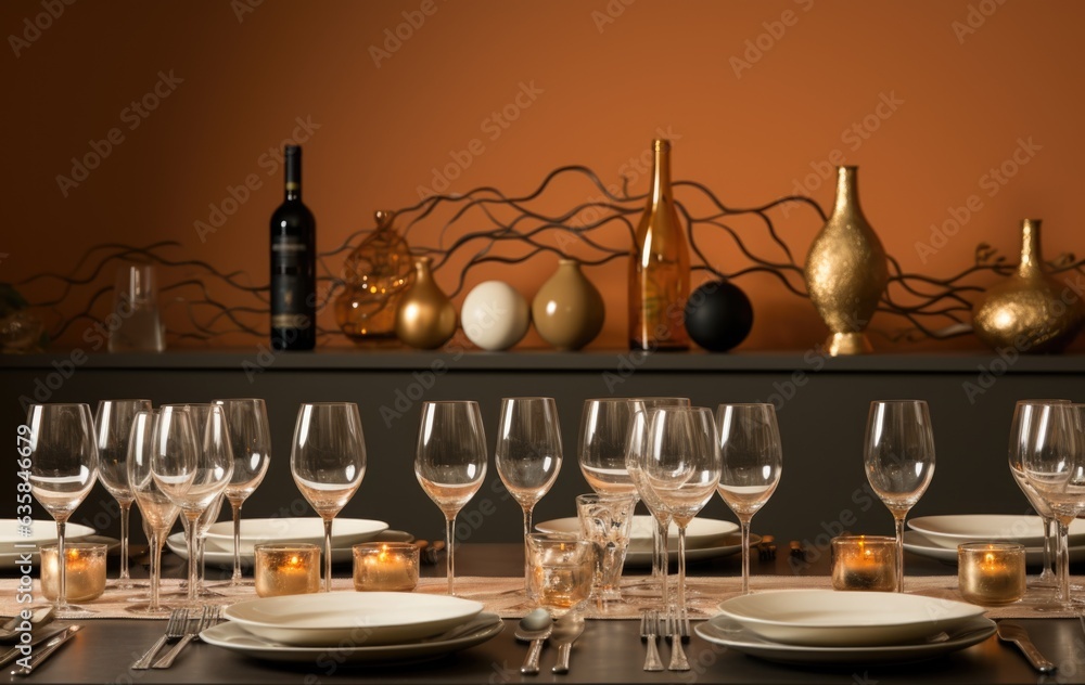 Poster a table set with wine glasses, plates and silverware. generative ai image.