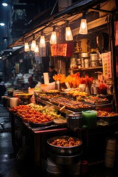 A food stand with a variety of chinese asian street food on it. Generative AI image.