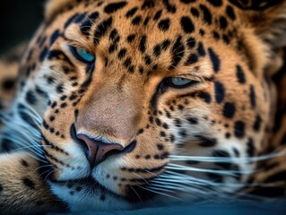 Naklejka na ściany i meble Close up of a leopard with blue eyes.