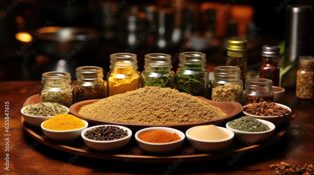 Poster a wooden table topped with bowls filled with different types of spices. generative ai image.