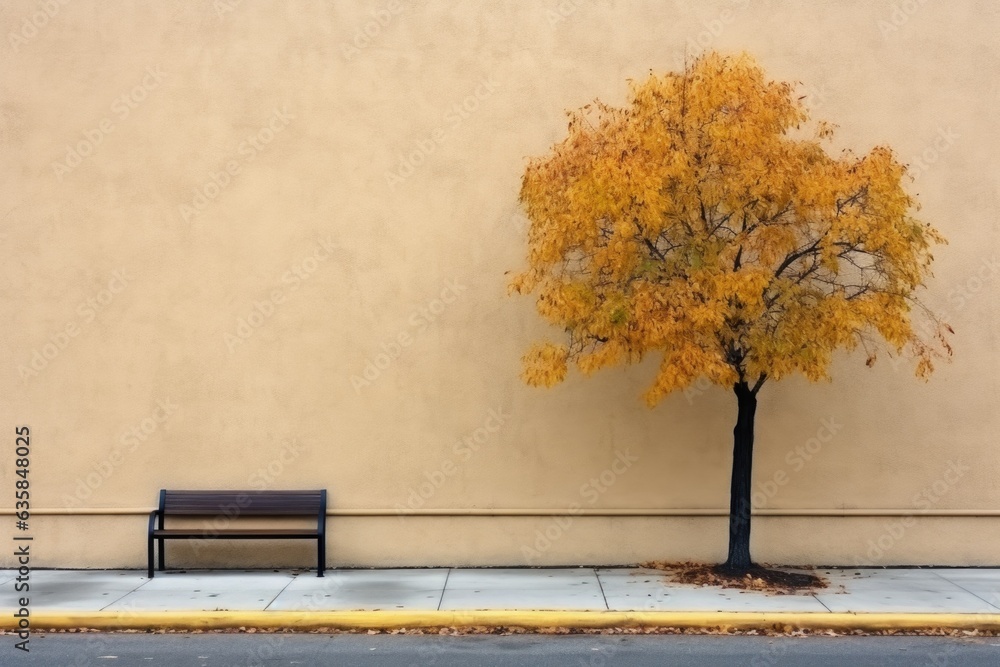 Poster a bench sitting next to a tree on a sidewalk. generative ai image.