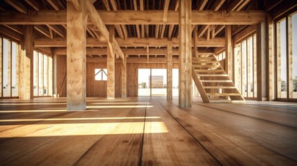 Interior of the wood house in construction 