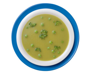 prato com sopa cremosa de ervilha com brócolis visto de cima isolado em fundo transparente