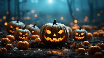 Fototapeta premium Halloween pumpkin head jack lantern on dark background 