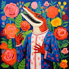 Heartfelt Depiction in Contemporary Folk Art - Crocodile with Flowers in the Embrace of the Sun, Painted in Light Maroon, Royal Blue, and Poppy Pink - Crocodile Created with Generative AI Technology