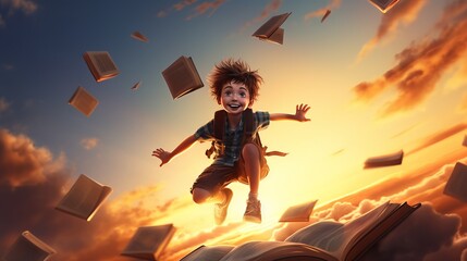 Back to school! Happy cute industrious child flying on the book on background of sunset sky