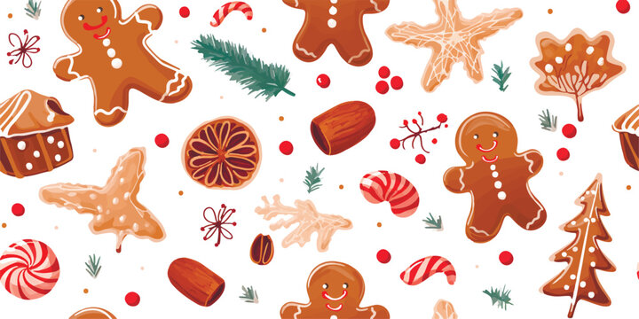 Christmas seamless pattern with cute winter elements, reindeer, candy, gingerbread and pine branch, white background