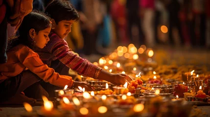 Zelfklevend Fotobehang celebrating diwali festival with family © FOXi