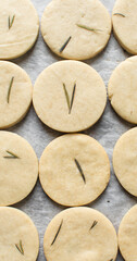 Top view of cut out rosemary sugar cookies, rosemary cookie on a white background, process of making rosemary sugar cookies