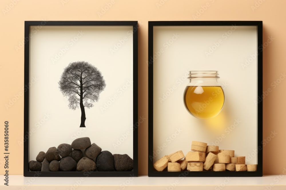 Poster two framed pictures of a tree and a jar of honey. generative ai image.