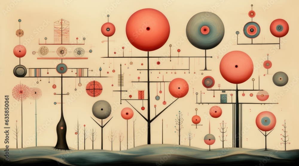 Aufkleber a painting of a group of trees with different shapes and sizes. generative ai image.