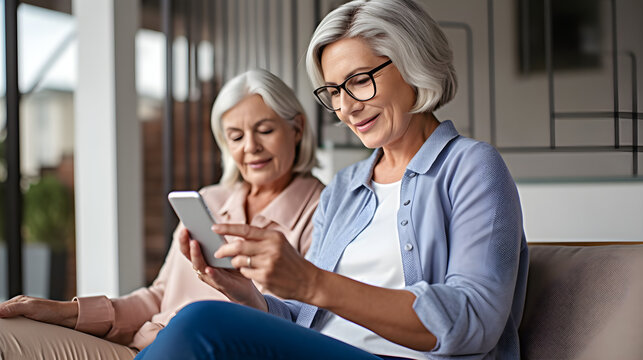 Relaxed Mature Old 60s Woman, Older Middle Aged Female Customer Holding Smartphone Using Mobile App, Texting Message, Search Ecommerce Offers On Cell Phone Technology Device Sitting On Couch At Home.