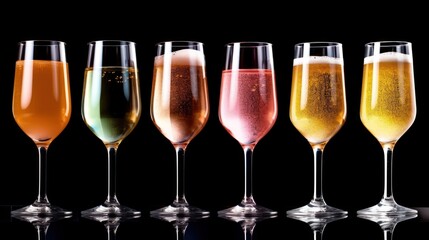 glasses of champagne with different color on dark background 