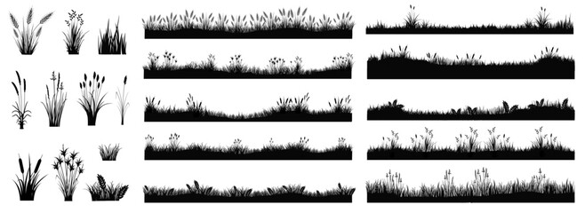 Meadow silhouettes with grass, plants. Panoramic summer lawn landscape with herbs. Vector illustration - obrazy, fototapety, plakaty