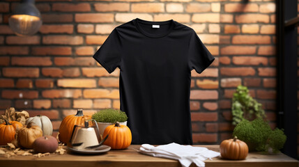 Black women's t-shirt mockup in a cozy indoor setting, positioned against a rustic brick wall adorned with festive Halloween decals