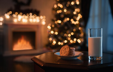 Cozy christmas room at night with glass of milk and cookies prepared for the Santa Claus - 635851234