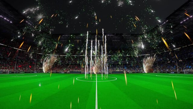 Celebration on soccer stadium arena. fireworks, effects fans. opening game. 3d render. Dynamic Camera movement