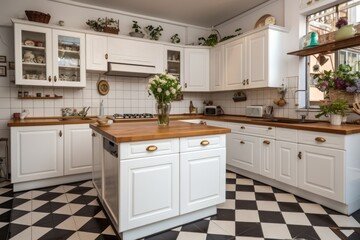 White lacquered wood vintage style u shaped kitchen with wooden countertop, white tiles, and hydraulic tile flooring.
