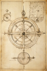 Nautcal compass sketch drawing. Exploration and sailing concept. Poster design. Ai generative