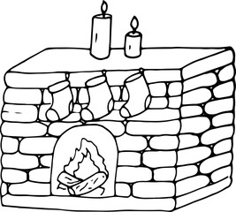 Hand-drawn home fireplace decorated for Christmas. Fireplace decorated with candles and socks, isolated vector illustration on white