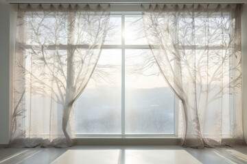Transparent window curtain with a patterned background.