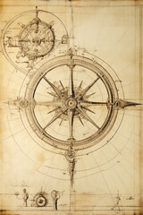 Fototapeta na wymiar Nautcal compass sketch drawing. Exploration and sailing concept. Poster design. Ai generative