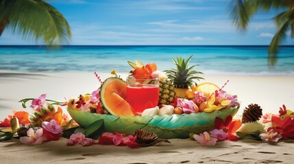  a tropical beach scene with a pineapple, orange juice, and pineapple slices.  generative ai