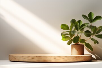 Wooden podium with monstera plant on white background. 3d render. Generative AI illustration