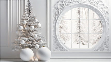 Background of a Christmas fir tree with a round window in neutral tones. Generative AI