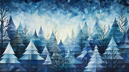 abstract winter background with trees, snow and mountains in winter forest.
