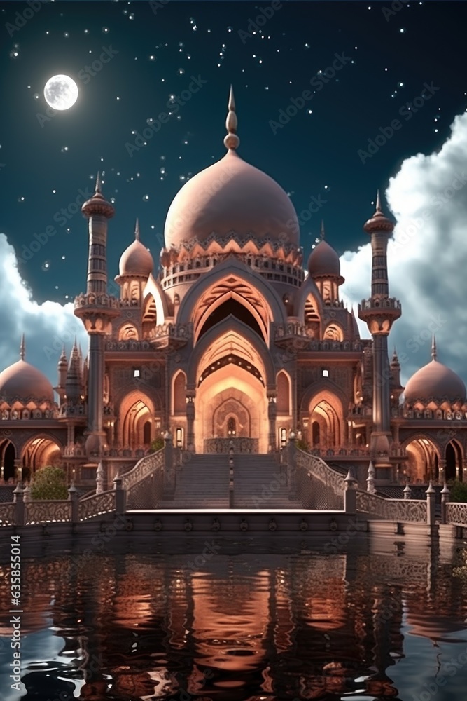 Poster a large indian palace building with a fountain in front of it. generative ai image.