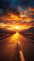 Road in the desert with orange sky and clouds at sunset, USA. created by generative AI technology.