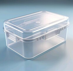 A transparant plastic container with blue background